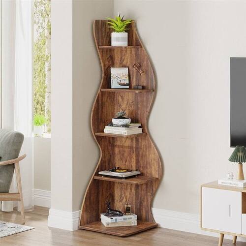 Angle. SlickBlue - Modern 5 Shelf Corner Bookcase for Living Room or Bedroom - Brown.