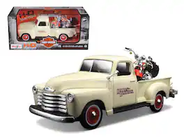 1950 Chevrolet 3100 Pickup Truck Cream 1/25 & 2001 FLSTS Heritage Springer Motorcycle Orange 1/24 Maisto Models - Cream and Orange