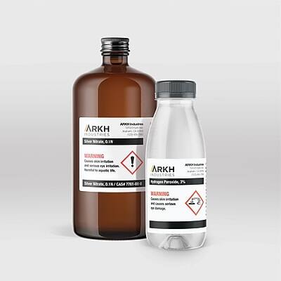 ARKH INDUSTRIES  
Silver Nitrate 0.1%  
CAS# 7761-81-8  
WARNING: Causes eye irritation.  
Store in a cool, dry place. Keep out of reach of children.  

ARKH INDUSTRIES  
Hydrogen Peroxide 3%  
CAS# 3722-41-2  
WARNING: Causes serious eye irritation.  
Store in a cool, dry place. Keep out of reach of children.
