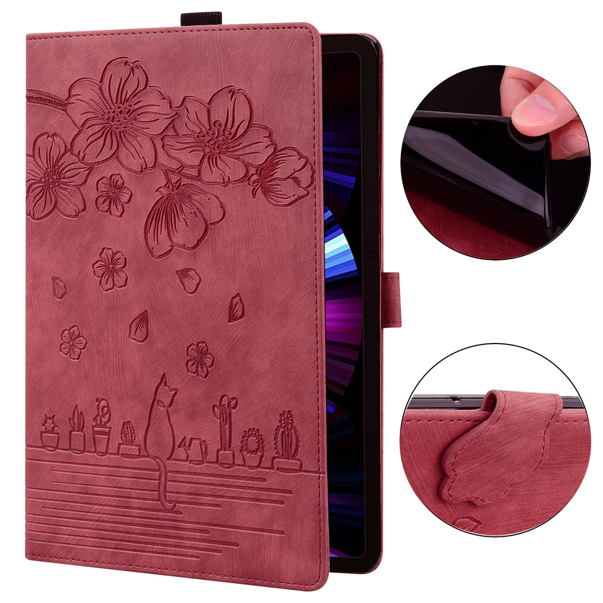 Left. Dteck - For Samsung Galaxy Tab S11 Ultra 14.6-inch Embossed Flower Pattern Folio Case Card Slots Kickstand Cover - Winered.
