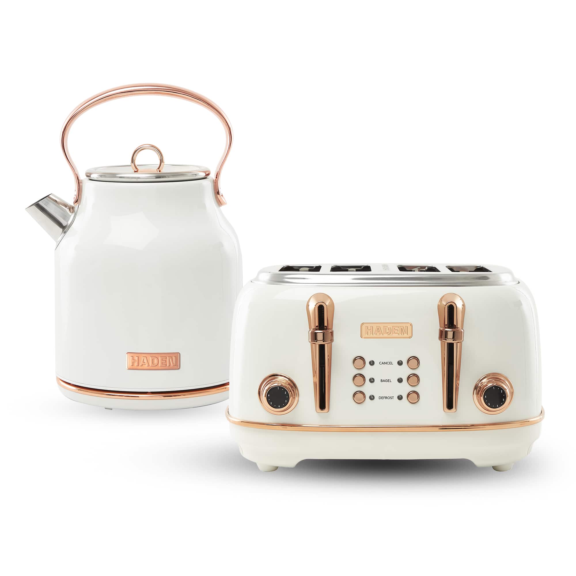 Haden - Heritage 4 Slice Wide Slot Toaster & Electric Water Kettle, Ivory & Copper - Ivory, Copper