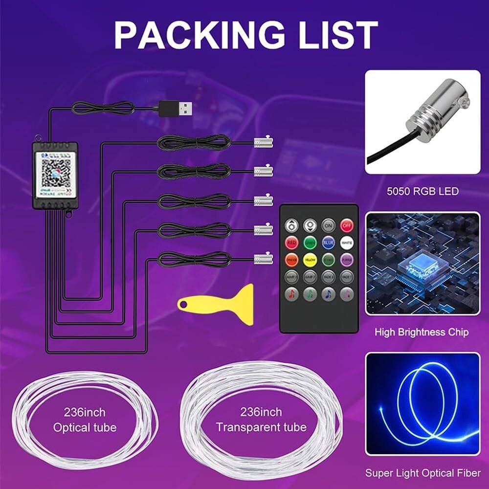 Packing List

- 5050 RGB LED
- High Brightness Chip
- 236inch Optical tube
- 236inch Transparent tube
- Super Light Optical Fiber