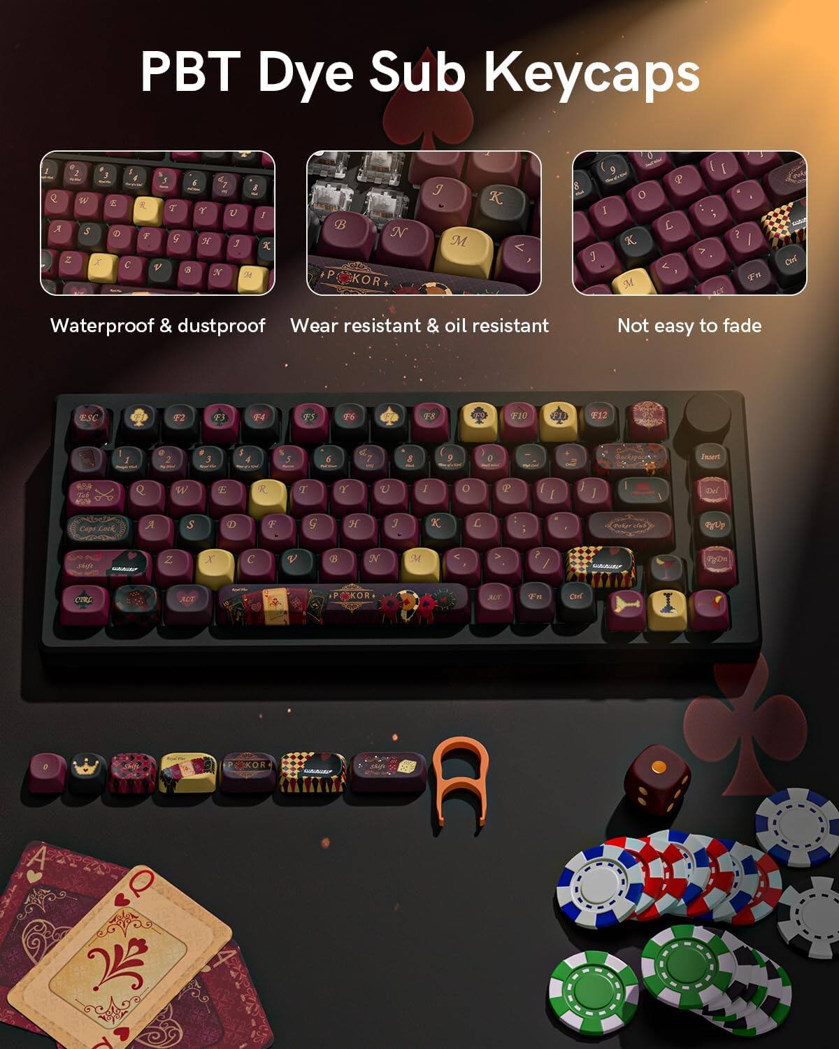 PBT Dye Sub Keycaps

Waterproof & dustproof
Wear resistant & oil resistant
Not easy to fade

ESC F1 F2 F3 F4 F5 F6 F7 F8 F9 F10 F11 F12
1 2 3 4 5 6 7 8 9 0
Q W E R T Y U I O P
A S D F G H J K L
Z X C V B N M
Caps Lock
Shift
Ctrl Alt