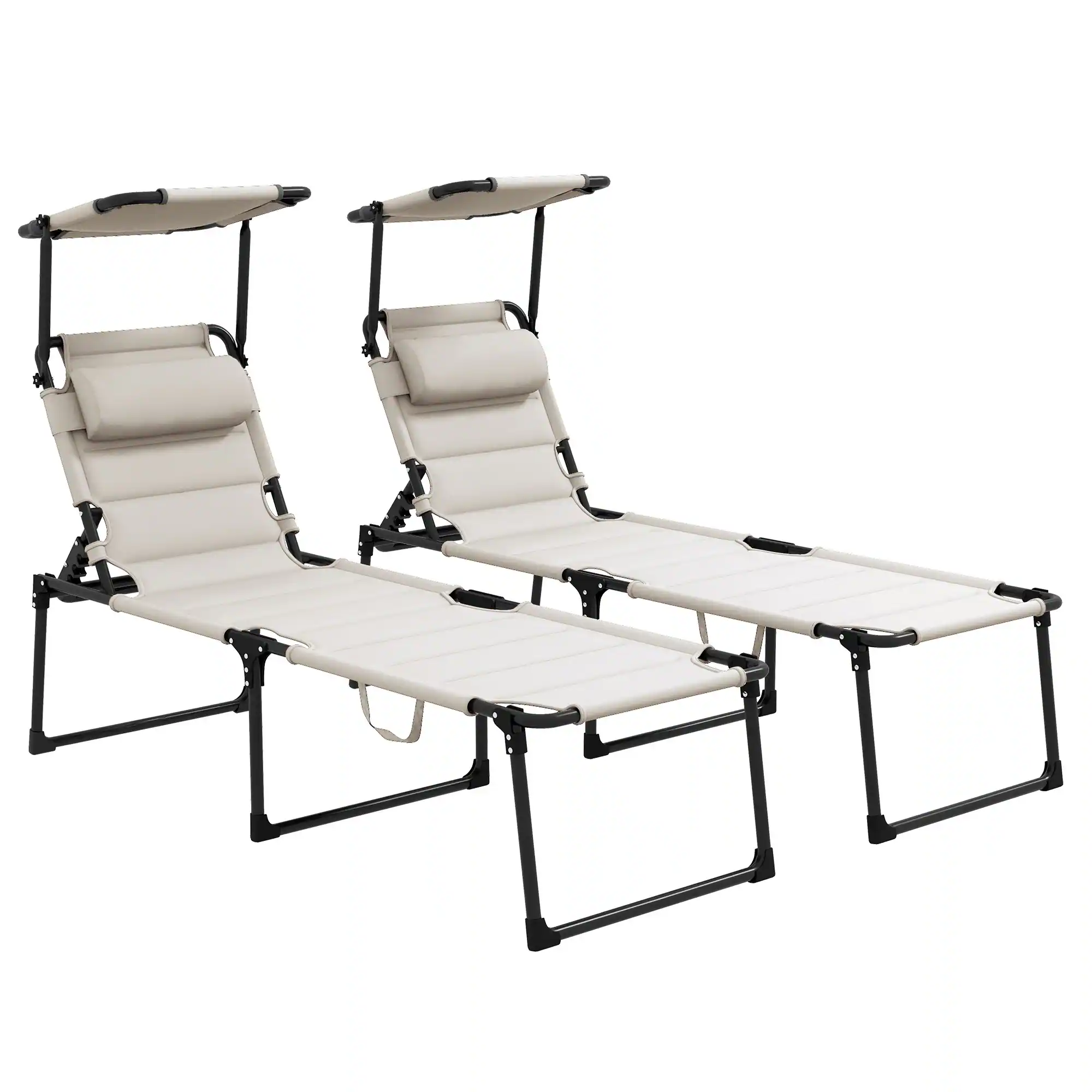 Outsunny - 2 Pieces Outdoor Lounge Chair, Adjustable Backrest Folding Chaise Lounge, Cushioned Tanning Chair with Sunshade Roof - Cream White