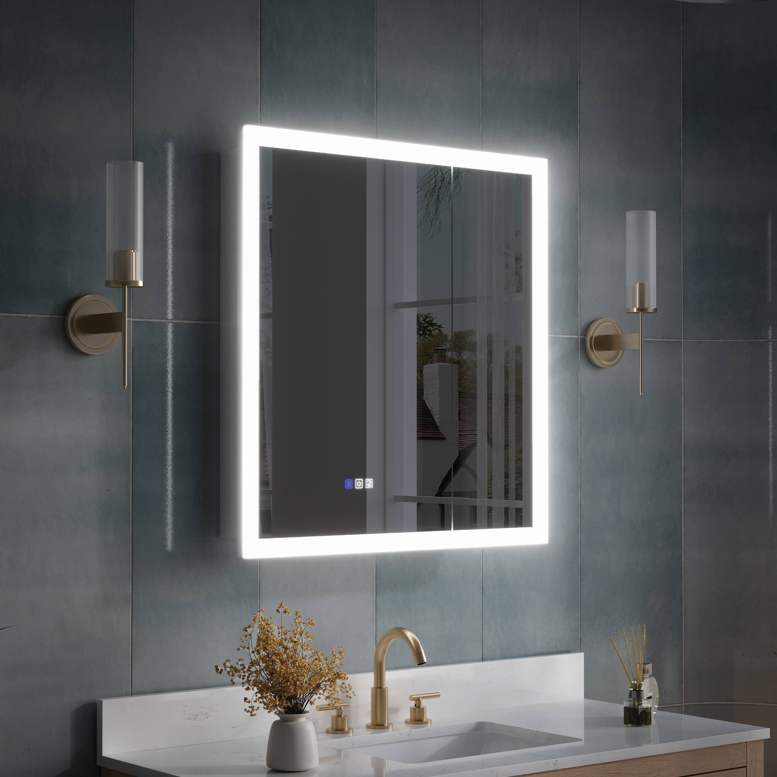 Angle. WELLFOR - 30 in. W x 32 in. H Rectangular Surface or Recessed Mount Aluminum Medicine Cabinet with Mirror - Silver.