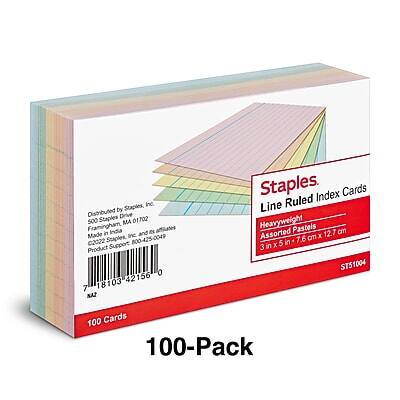 Staples, Inc.  
Distributed by Staples, Inc.  
500 Staples Drive  
MA 01702  
Framingham, MA  
Made in India  
2022  
Staples  
800-425-0049  
Product Support  
0 42156 7 18103 NAT  
Staples  
Index Cards  
Line Ruled  
Heavyweight  
Pastels Assorted  
3 in x 5 in (7.6 cm x 12.7 cm)  
100 Cards  
100-Pack  
ST51004