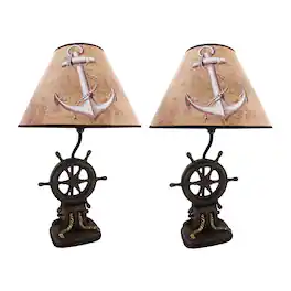 Zeckos - Set of 2 Nautical Ship`s Wheel Table Lamps Captain's Destiny - Brown