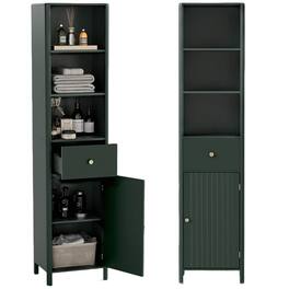 Costway - 67" Tall Bathroom Cabinet with 3 Open Shelves, 1 Drawer, Adjustable Interior Shelf - Green