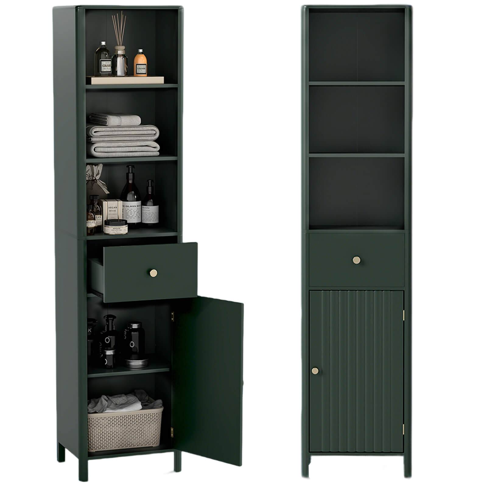 Front. Costway - Costway 67" Tall Bathroom Cabinet with 3 Open Shelves, 1 Drawer, Adjustable Interior Shelf - Green.