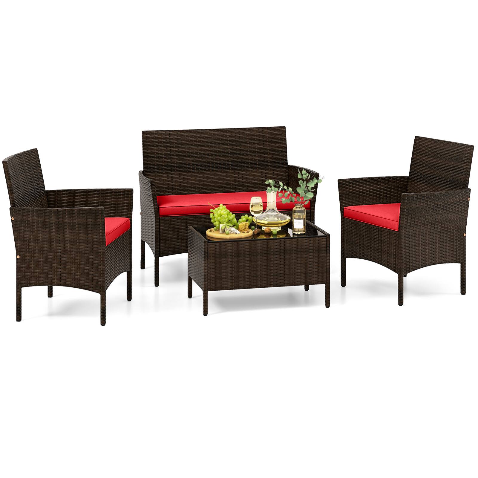 Alt View 6. Sugift - 4 Piece Patio Rattan Conversation Set with Cozy Seat Cushions - Red.