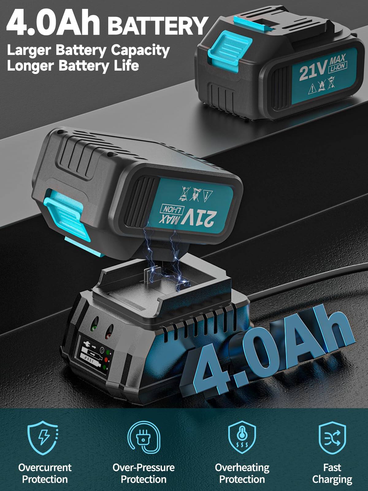 4.0Ah BATTERY  
Larger Battery Capacity  
Longer Battery Life  

21V MAX  
LHON  

4.0Ah  

Overcurrent Protection  
Over-Pressure Protection  
Overheating Protection  
Fast Charging