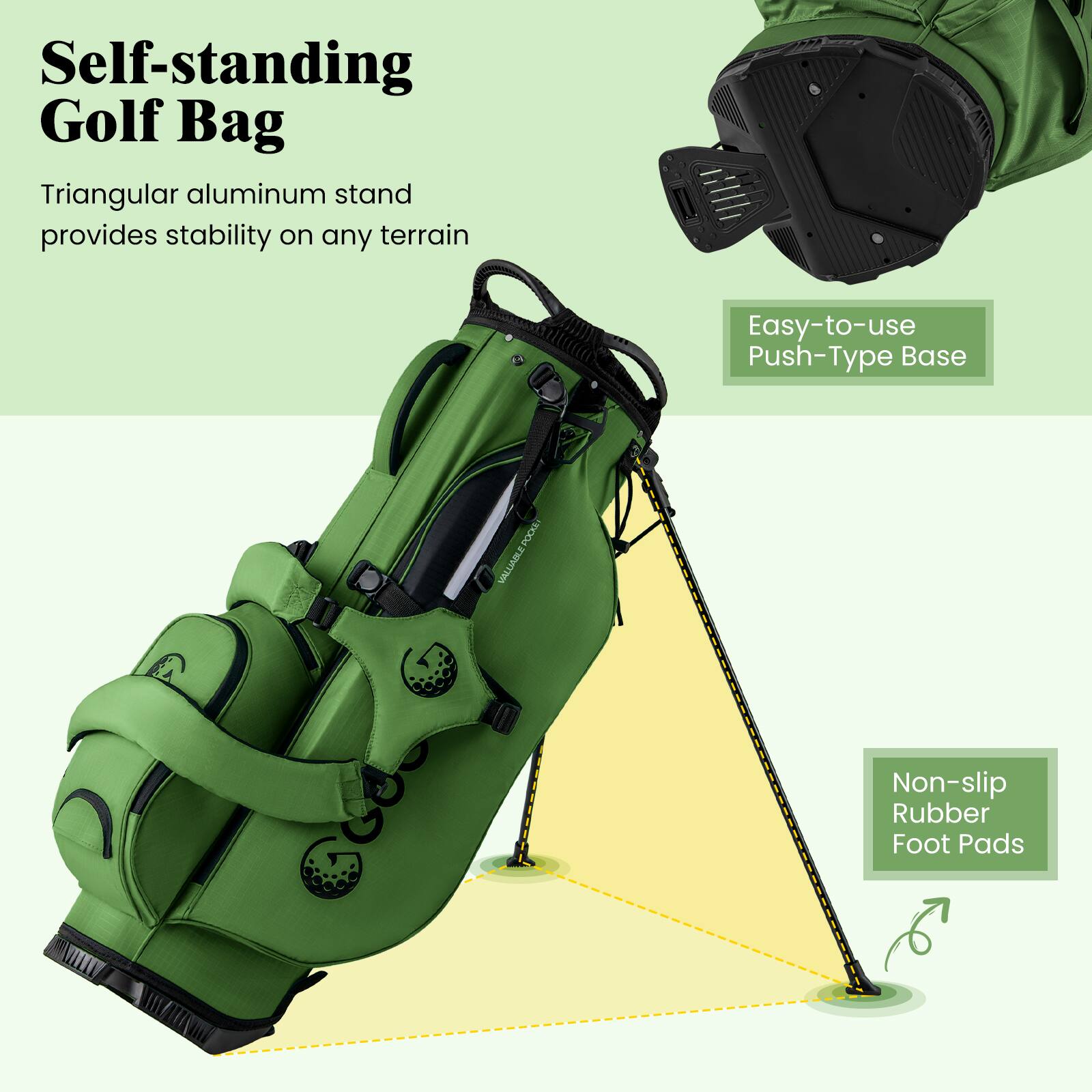 Self-standing Golf Bag

Triangular aluminum stand provides stability on any terrain

Easy-to-use Push-Type Base

Non-slip Rubber Foot Pads