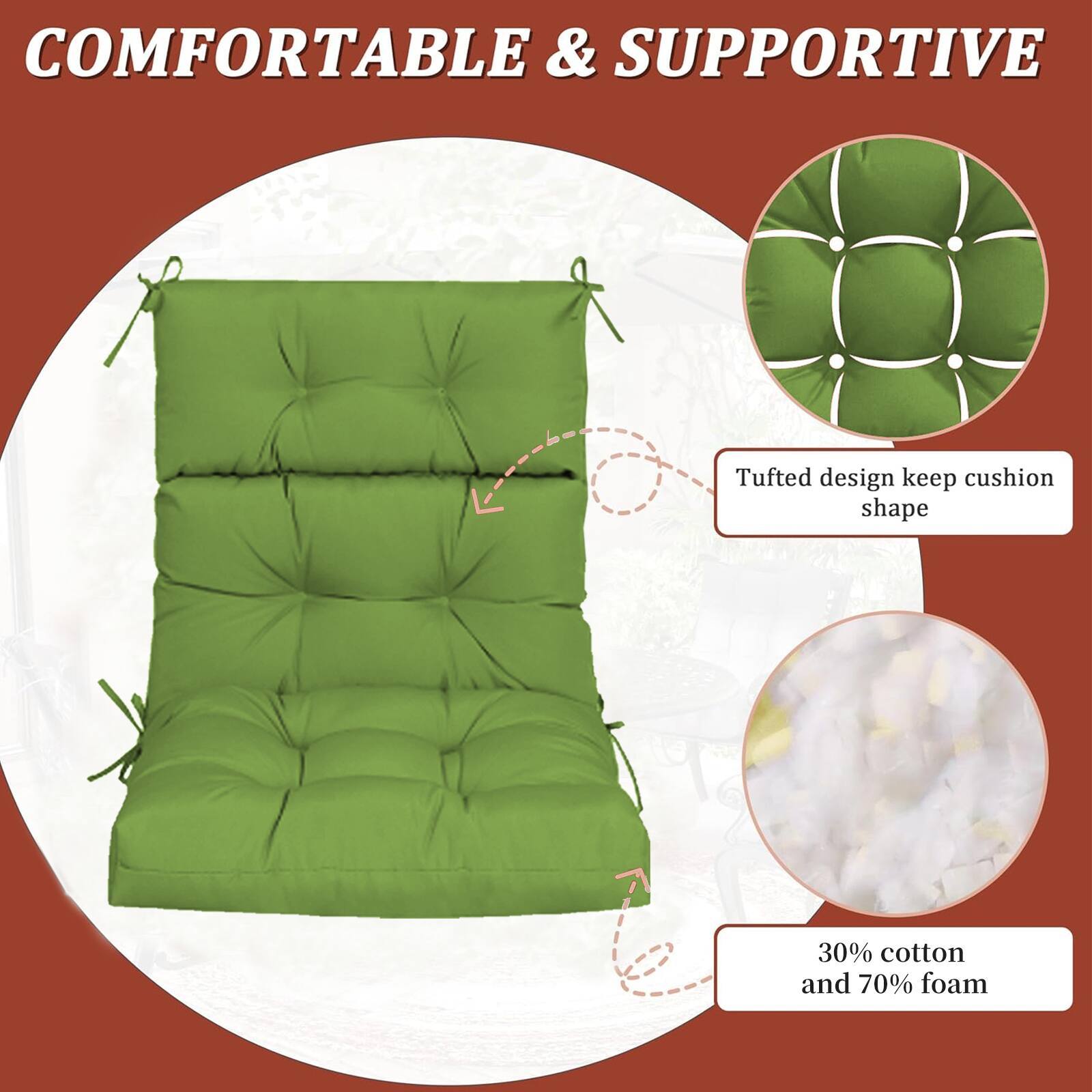 COMFORTABLE & SUPPORTIVE

Tufted design keep cushion shape

30% cotton and 70% foam