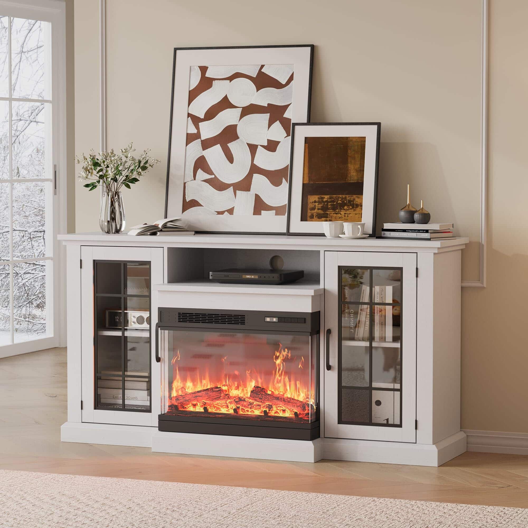 Acekool - Fireplace TV Stand, 59'' TV Stand with 24" Fireplace, Electric Fireplace Heater, Entertainment Center - White