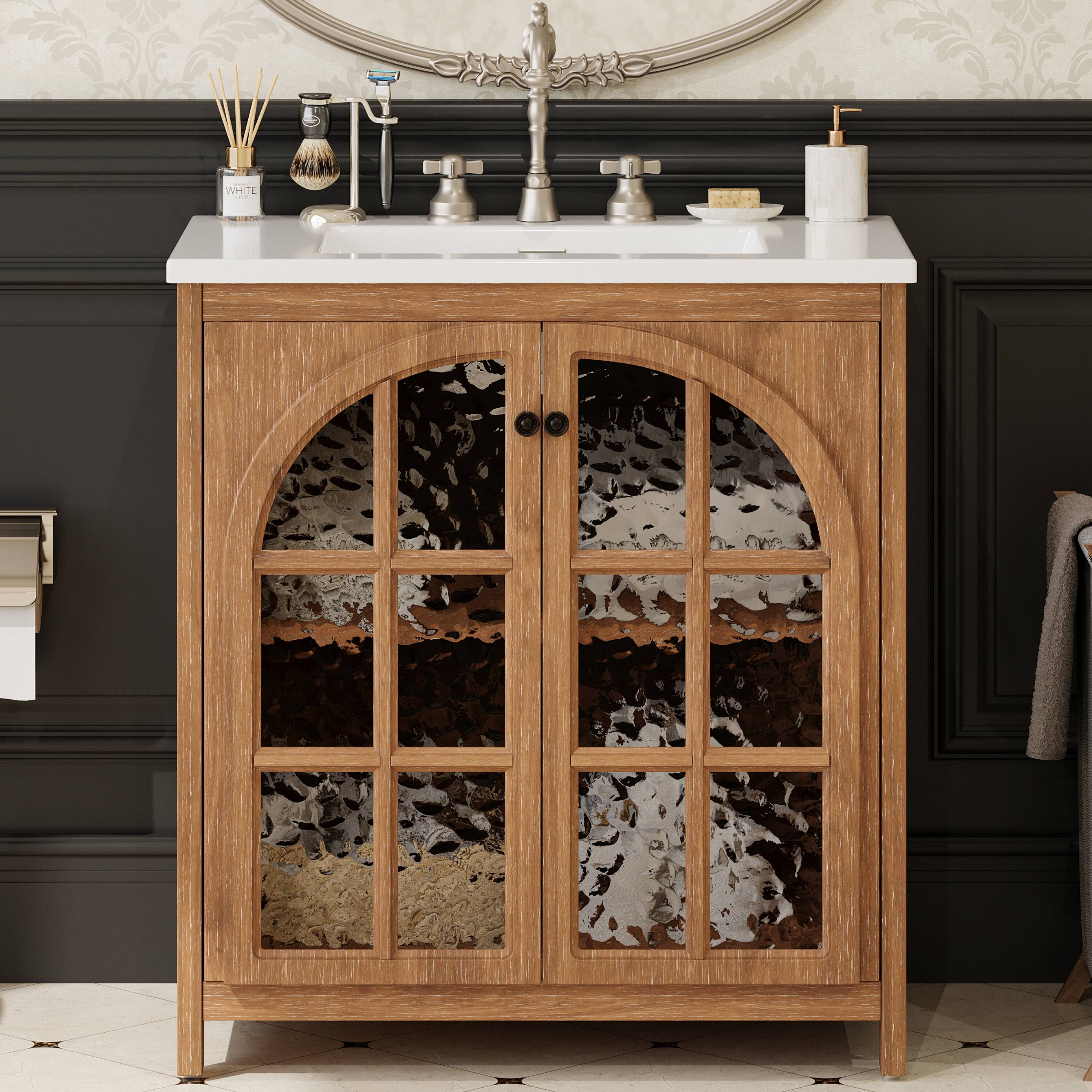 Front. Bestier - 31in Farmhouse Bathroom Vanity with Ceramic Sink Vintage Rustic Bathroom Cabinet, Antique Natural - Brown.