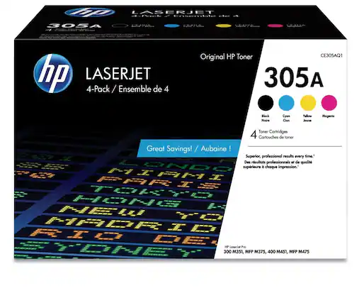 HP LASERJET 4-Pack / Ensemble de 4
Original HP Toner CE305AQ1
305A
Great Savings! / Aubaine !
Superior, professional results every time.
Des résultats professionnels et de qualité supérieure à chaque impression.
HP LaserJet Pro 300 M351, MFP M375, 400 M451, MFP M475
Black / Noir
Cyan / Cian
Yellow / Jaune
Magenta / Magenta
4 Toner Cartridges / 4 Cartouches de toner