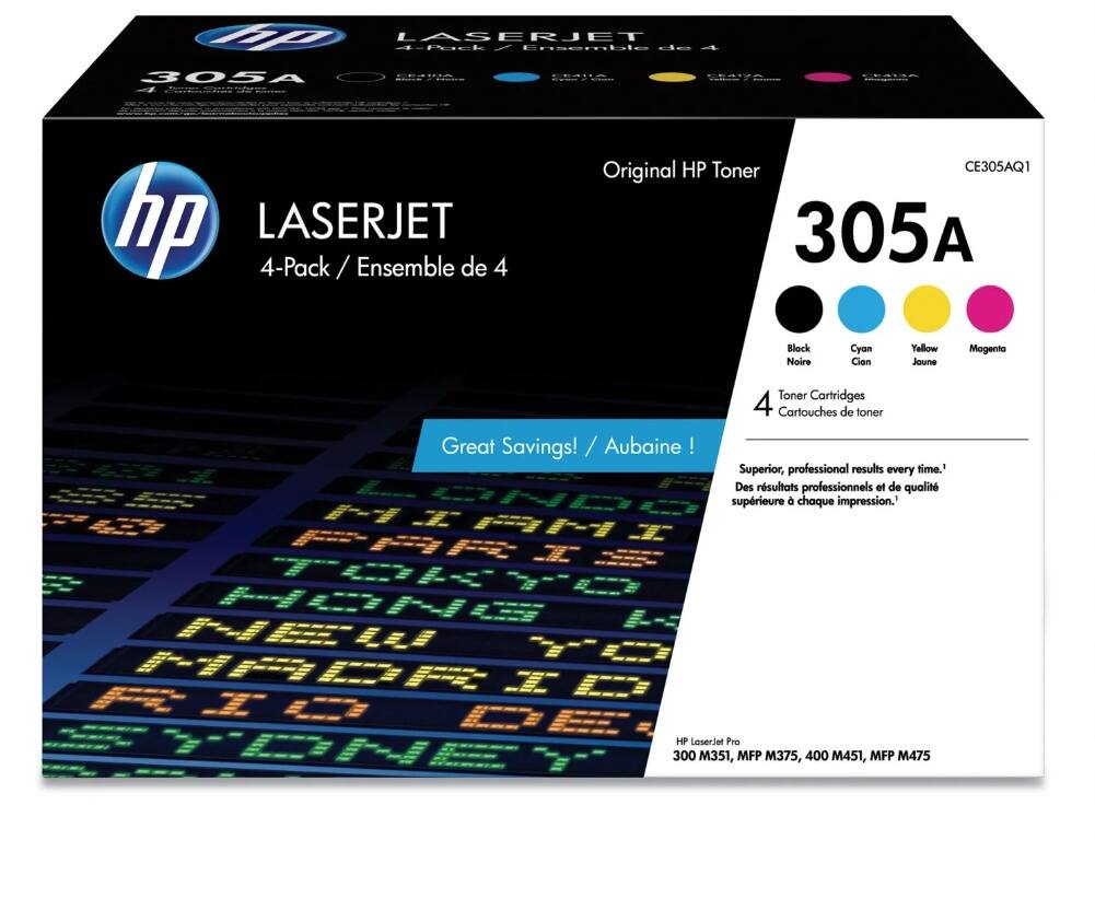 HP LASERJET 4-Pack / Ensemble de 4  
Original HP Toner CE305AQ1  
305A  

Great Savings! / Aubaine !  

Superior, professional results every time.  
Des résultats professionnels et de qualité supérieure à chaque impression.  

HP LaserJet Pro 300 M351, MFP M375, 400 M451, MFP M475  

Black / Noir  
Cyan / Cian  
Yellow / Jaune  
Magenta / Magenta  

4 Toner Cartridges / 4 Cartouches de toner