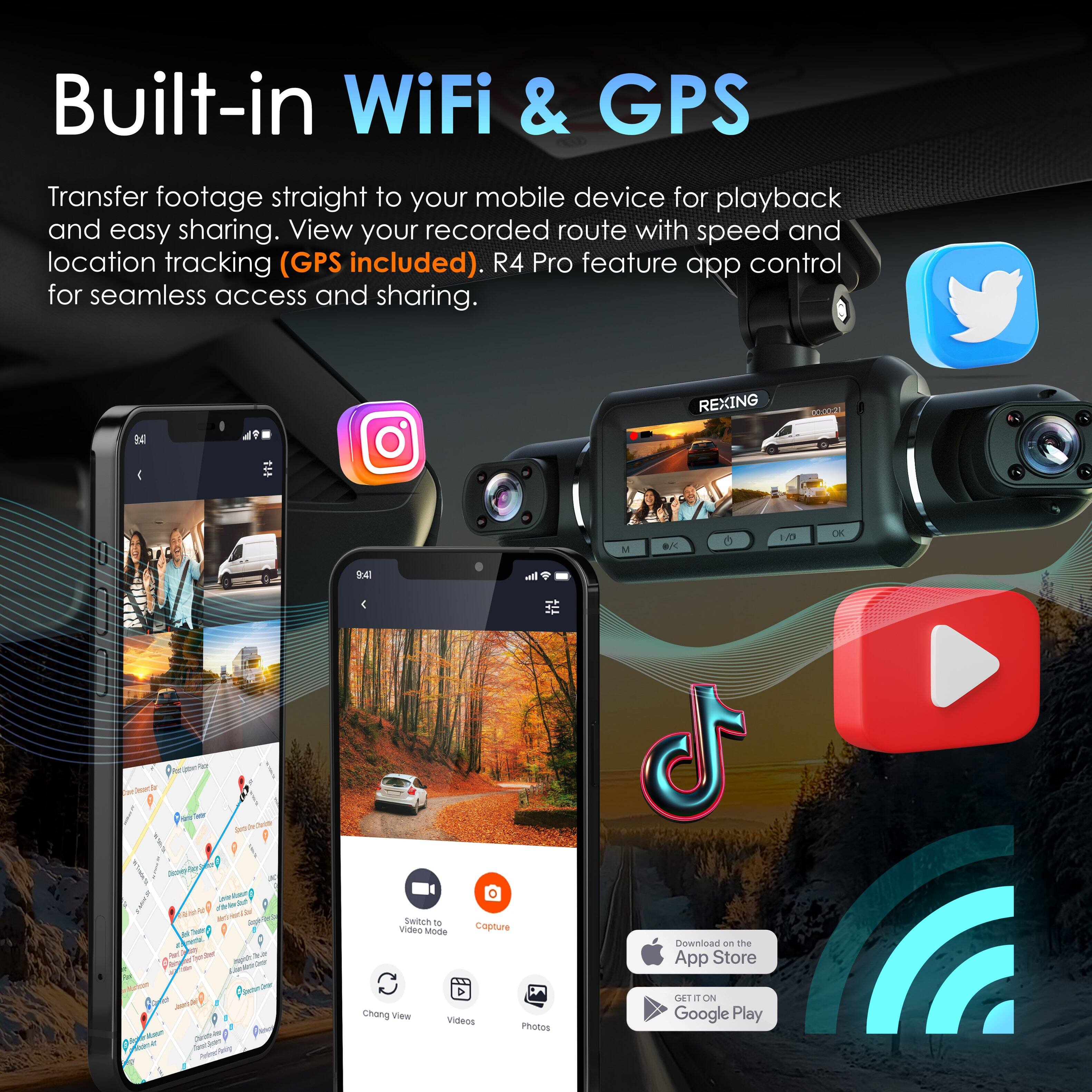 Built-in WiFi & GPS. Transfer footage straight to your mobile device for playback and easy sharing. View your recorded route with speed and location tracking (GPS included). R4 Pro feature app control for seamless access and sharing. REXING koneal N V 7D OK W4I al 4 St I Sinto_tc I A Denas-hee petAn ay chtho BO- sra NT Potot Jamde - s Switch - video Mode copture b chong vew Videos motos Download on the App Store GET ON Google Play.