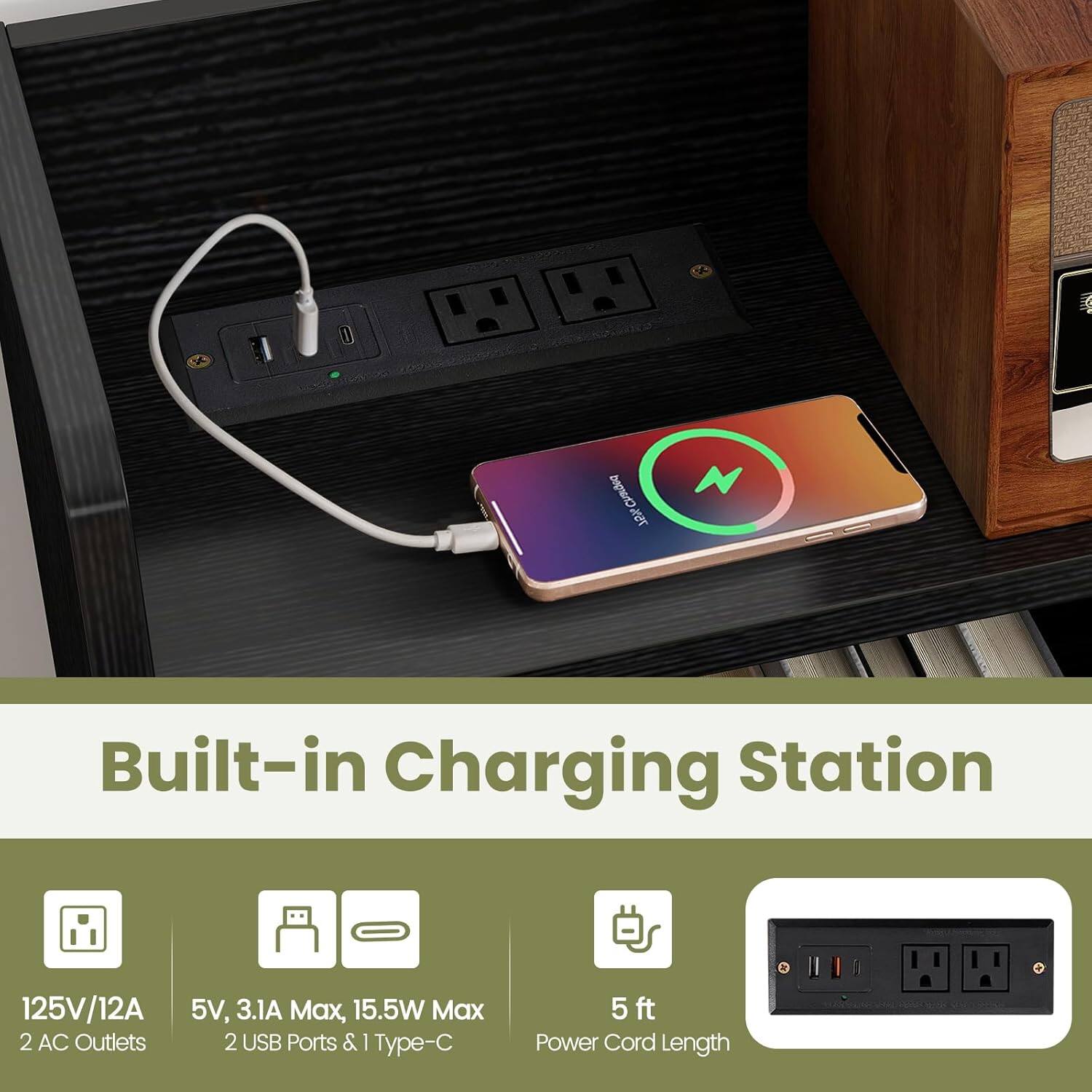 Built-in Charging Station

- 125V/12A
- 2 AC Outlets
- 5V, 3.1A Max, 15.5W Max
- 2 USB Ports & 1 Type-C
- 5 ft Power Cord Length