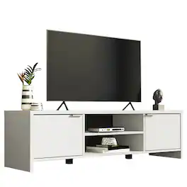 Madesa - TV Stand with 2 Cabinet Doors and Open Shelves 57"L Media Storage - White