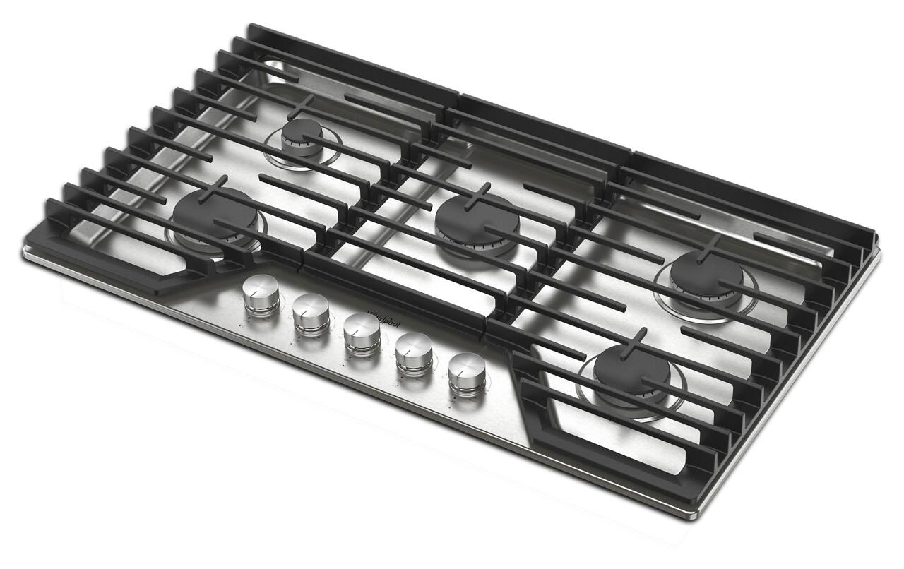 Angle. Whirlpool - 36" Built-In Gas Cooktop with 5 Burners and EZ-2-Lift Hinged Cast-Iron Grates - Stainless Steel.