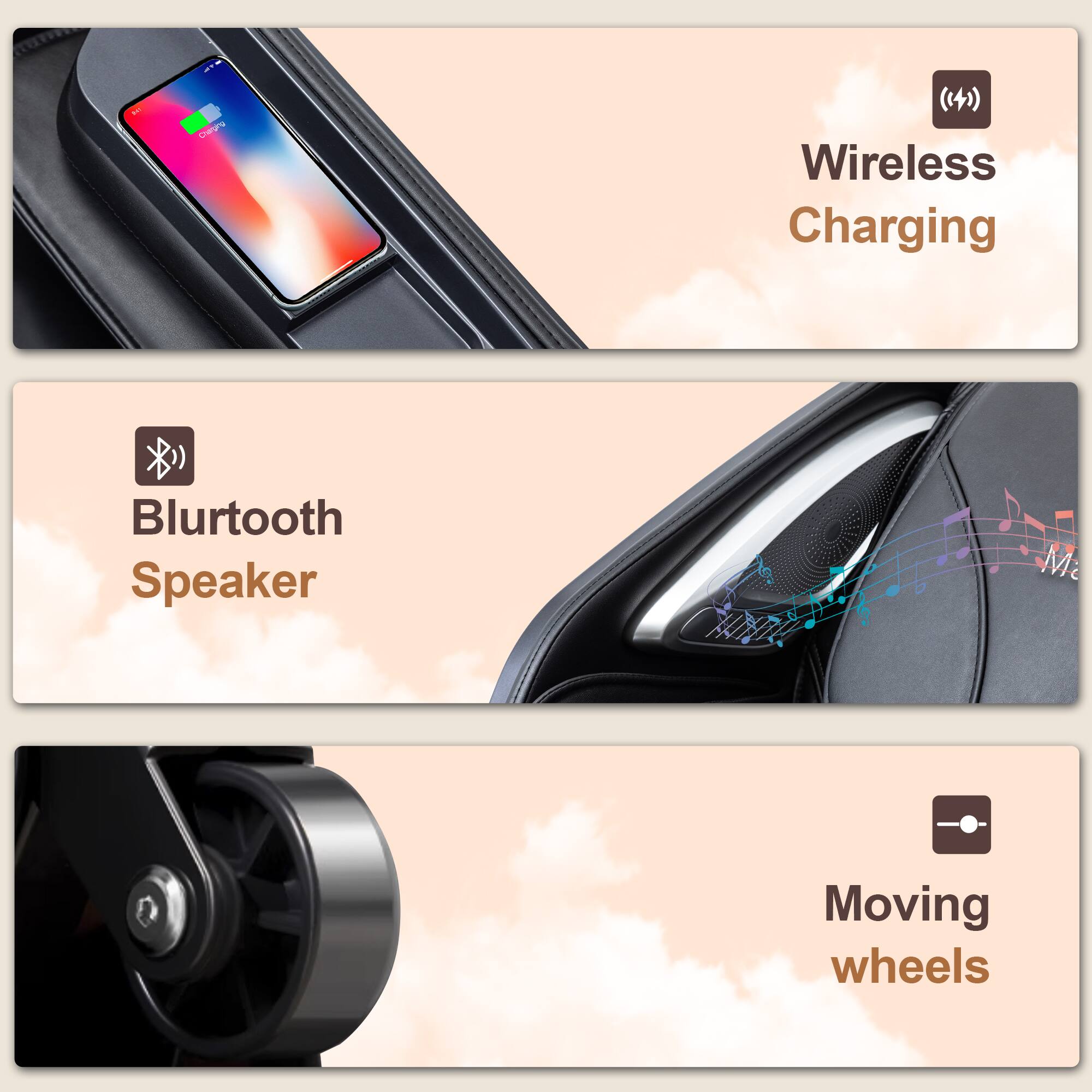 - Wireless Charging
- Bluetooth Speaker
- Moving wheels