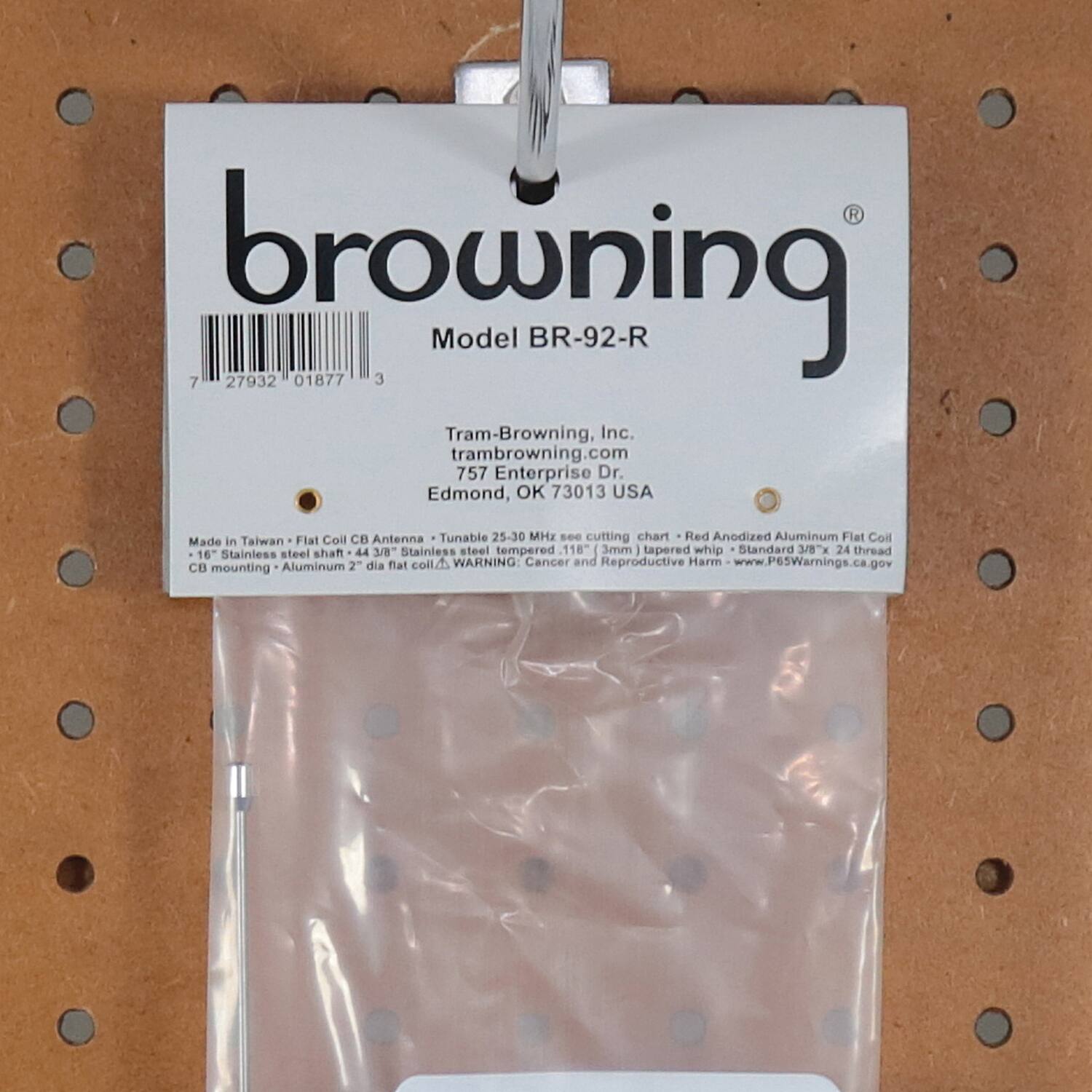 browning  
Model BR-92-R  

Tram-Browning, Inc.  
tram-browning.com  
757 Enterprise Dr.  
Edmond, OK 73013 USA  

Made in Taiwan - Flat Coil CB Antenna - Tunable 25-30 MHz  
- 16" Stainless steel shaft - 44 3/8" Stainless steel tempered  
- Red Anodized Aluminum Flat Coil  
- 118" mmC tapered whip  
- Standard 3/8"x 24 thread  
- Aluminum 2" dia flat coll.  

WARNING: Cancer and Reproductive Harm - www.P65Warnings.ca.gov  

CB mounting
