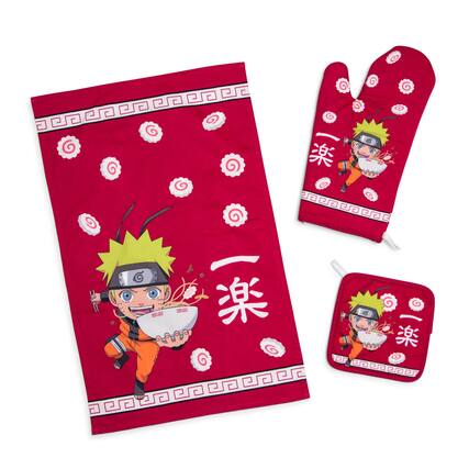 Front. Just Funky - Naruto Chibi Ramen 3-Piece Kitchen Set | Oven Mitt, Dish Towel, Pot Holder - Red.
