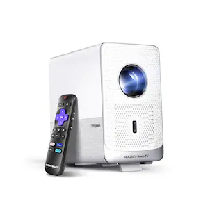 Aurzen - Smart Projector Roku TV Built-in, Roku Streaming Experience, 1080P FHD, Sealed Optical Engine, Dolby Audio - White