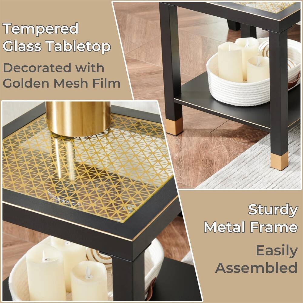 Tempered Glass Tabletop Decorated with Golden Mesh Film  
Sturdy Metal Frame Easily Assembled