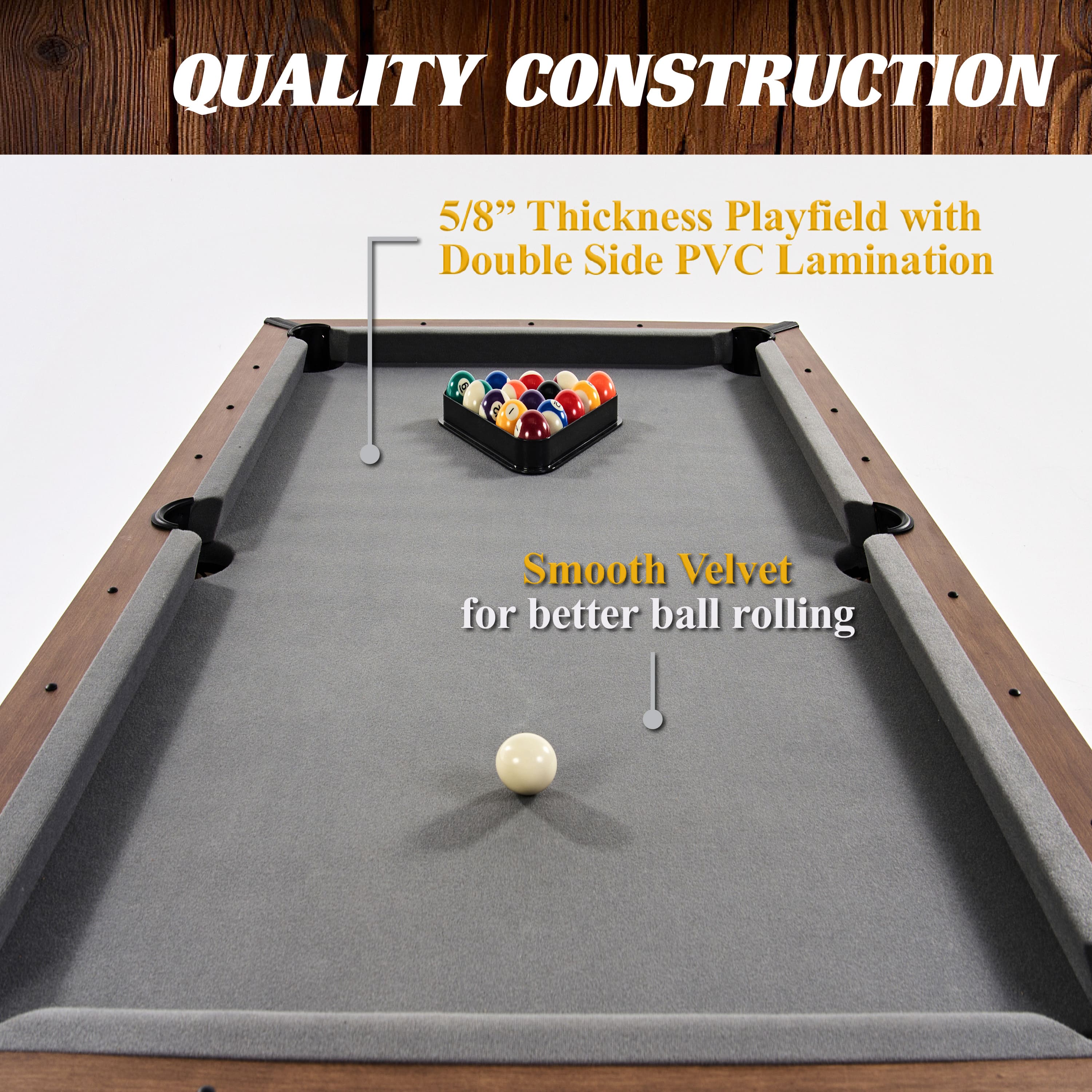 The text on the image reads: "Quality Construction 5/8" Thickness Playfield with Double Side PVC Lamination Smooth Velvet for better ball rolling."