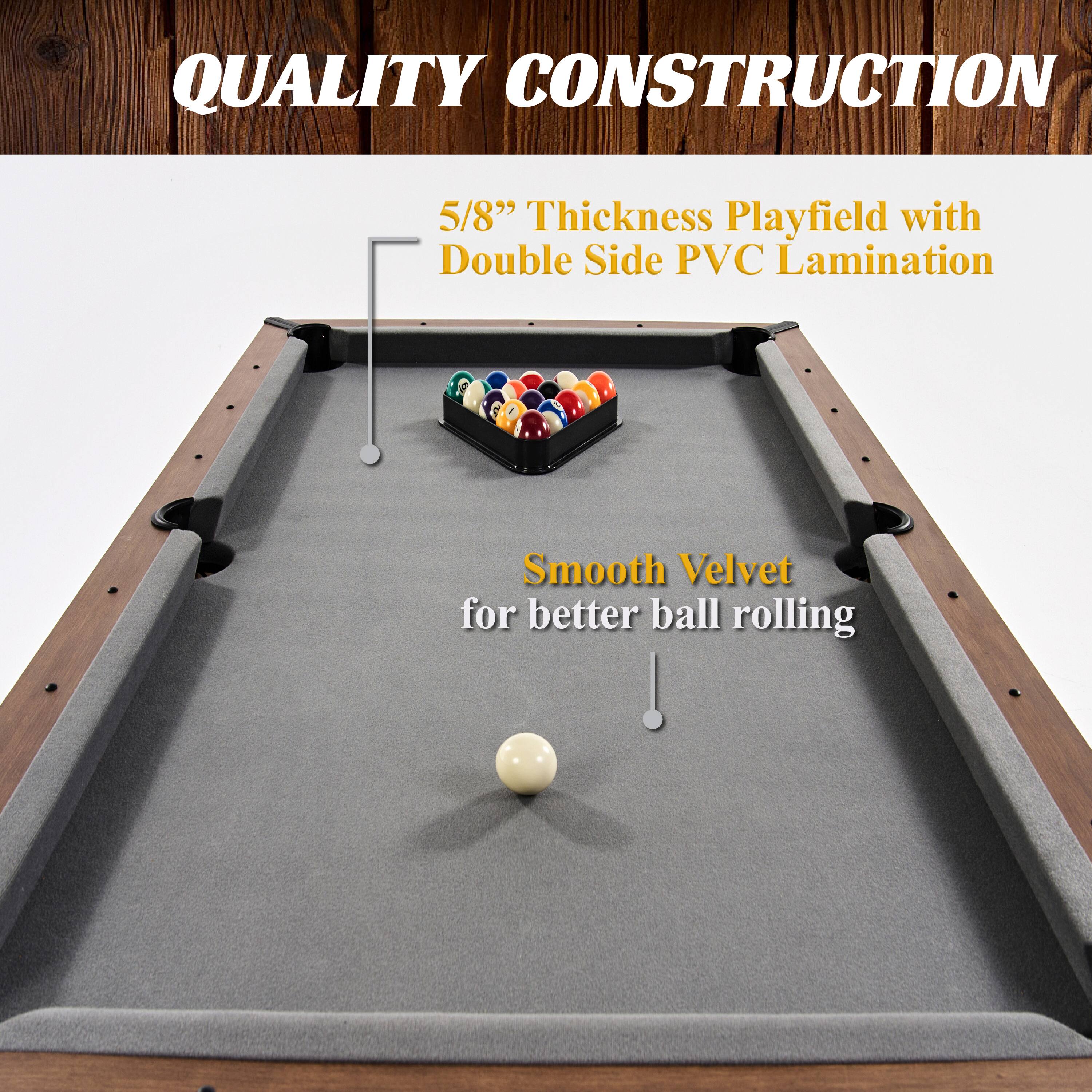 The text on the image reads: "Quality Construction 5/8" Thickness Playfield with Double Side PVC Lamination Smooth Velvet for better ball rolling."