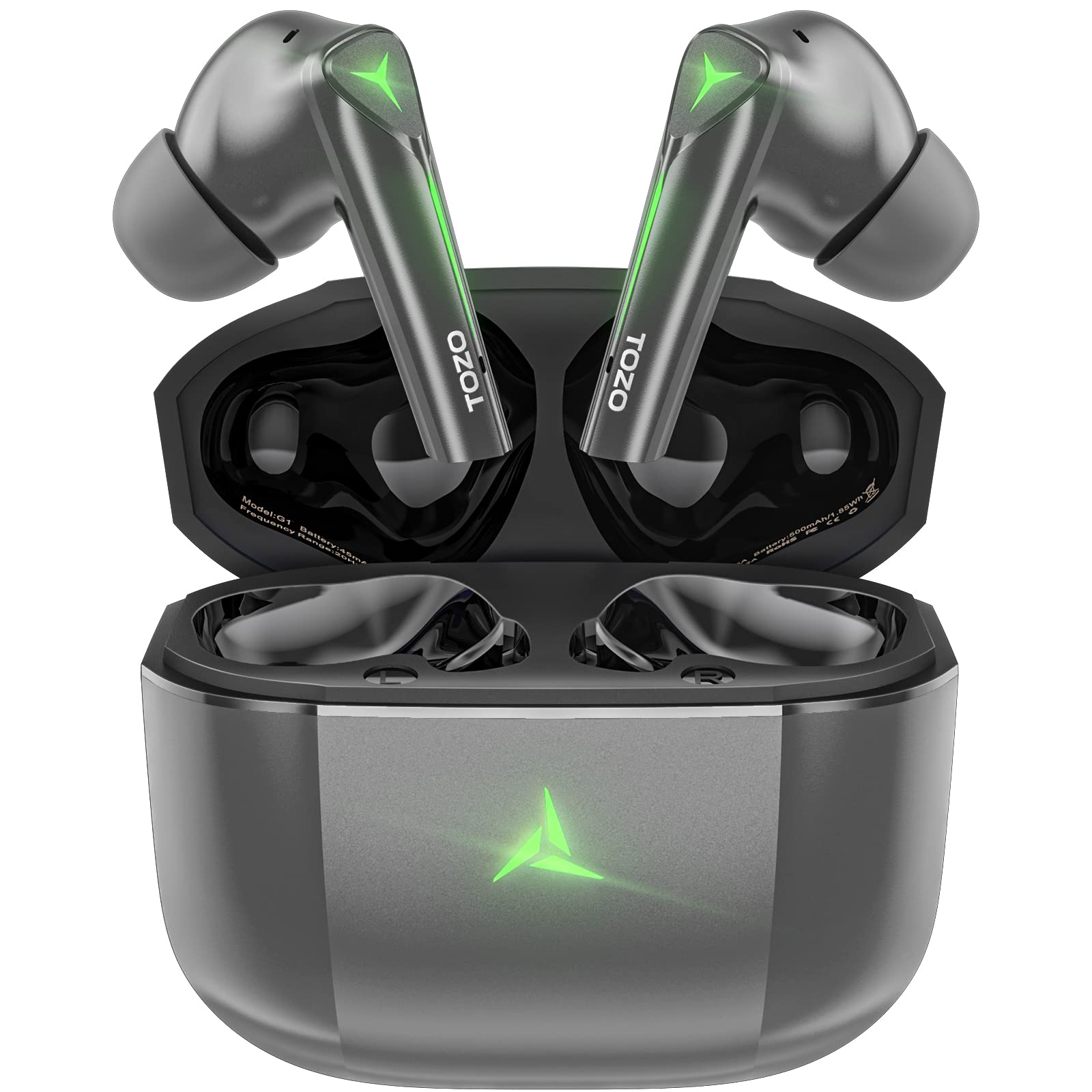 TOZO - Gaming Earbud - 45ms Ultra Low-Latency, 30H, Cool Breathing Light, Deep Bass, Wireless Charge, Music Mode, Ergonomic Fit - Space Gray