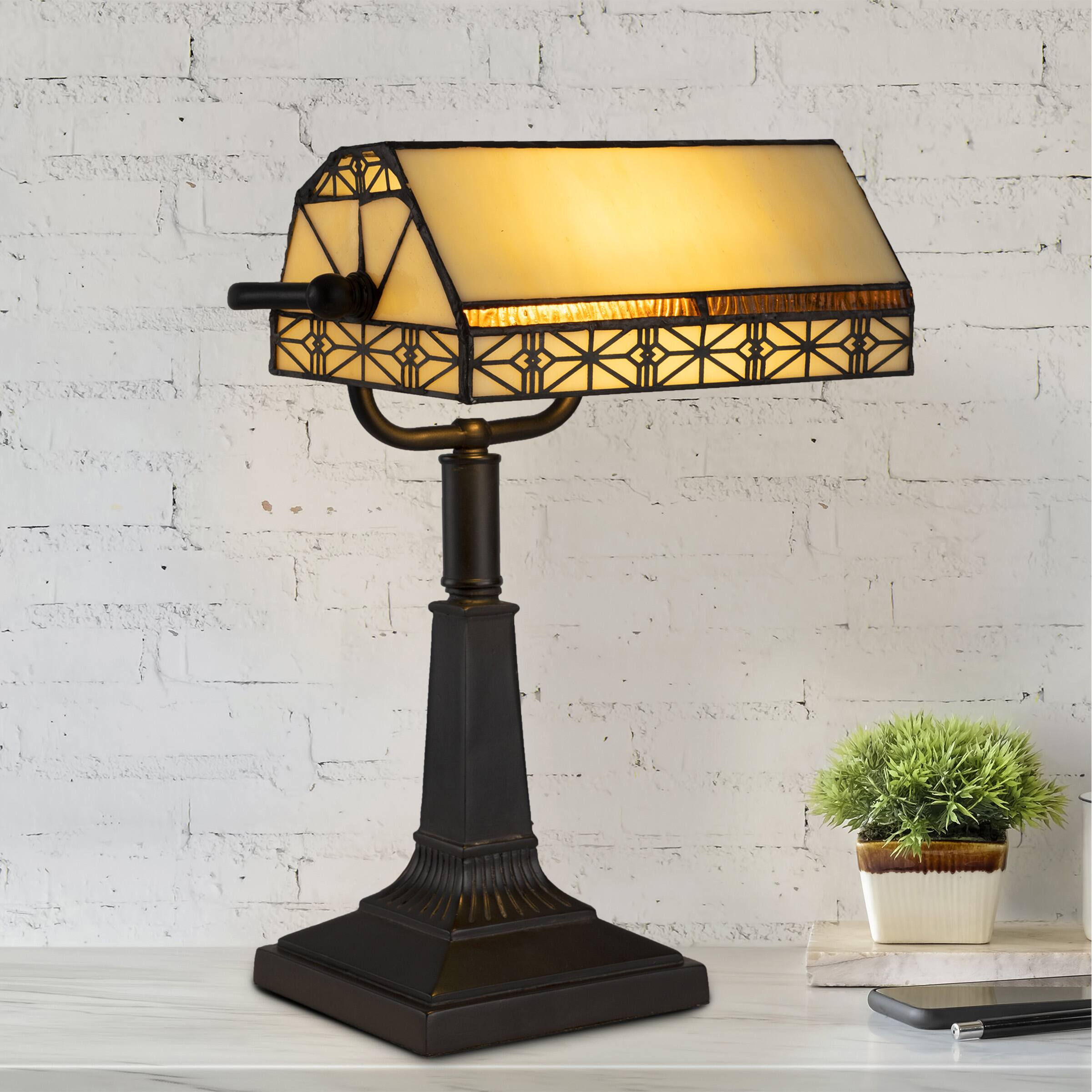 Angle. Lavish Home - Tiffany-Style Glass LED Bankers Lamp - Black Base with Dark Brown and Off-White Shade.