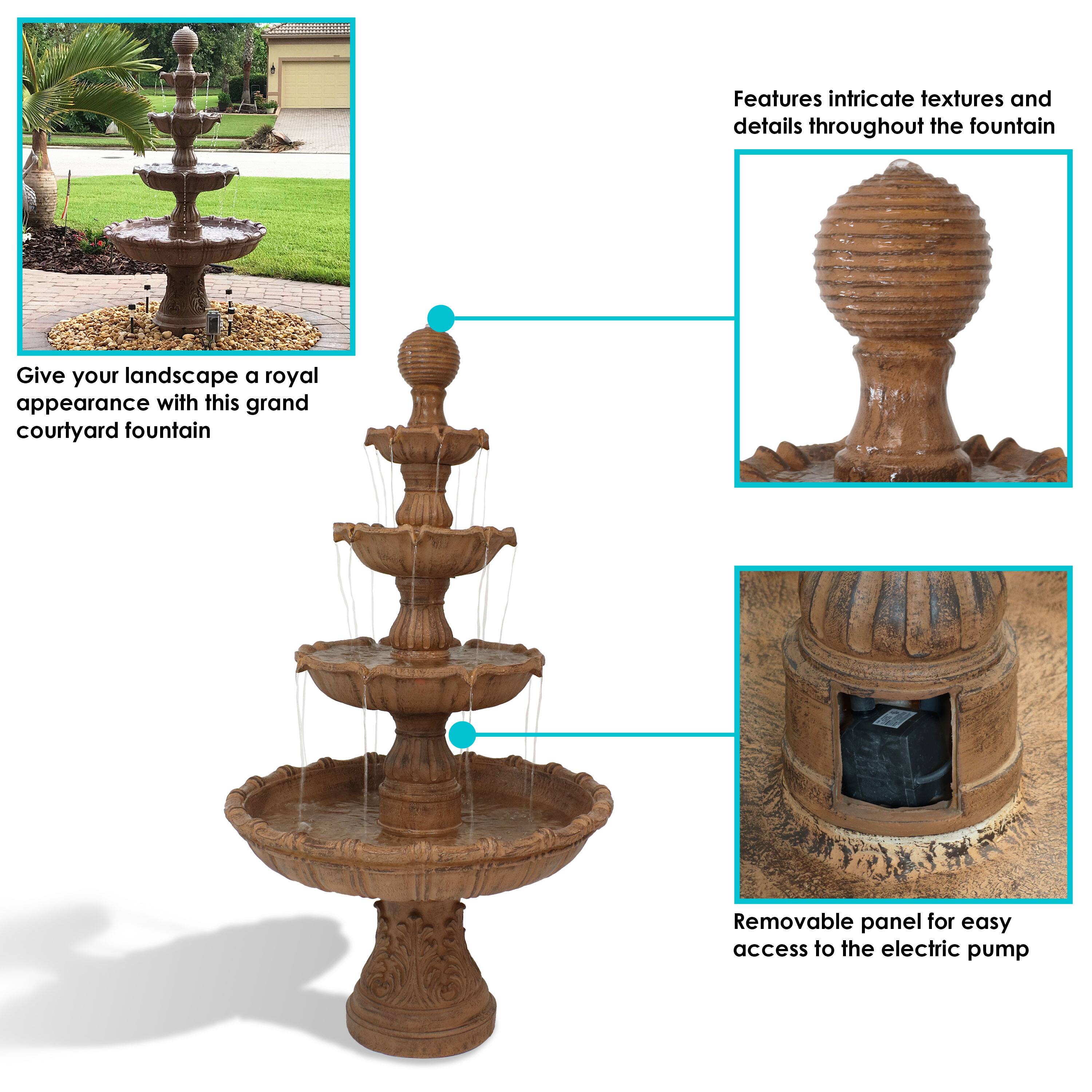- Give your landscape a royal appearance with this grand courtyard fountain
- Features intricate textures and details throughout the fountain
- Removable panel for easy access to the electric pump