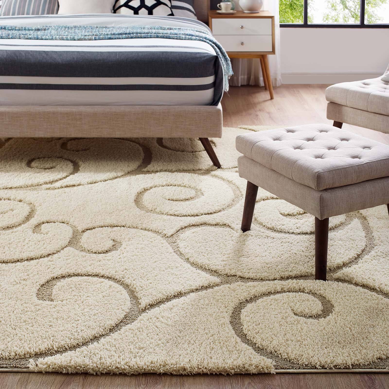 Left. Modway - Jubilant Abound Abstract Swirl Shag Area Rug - Creame and Beige.