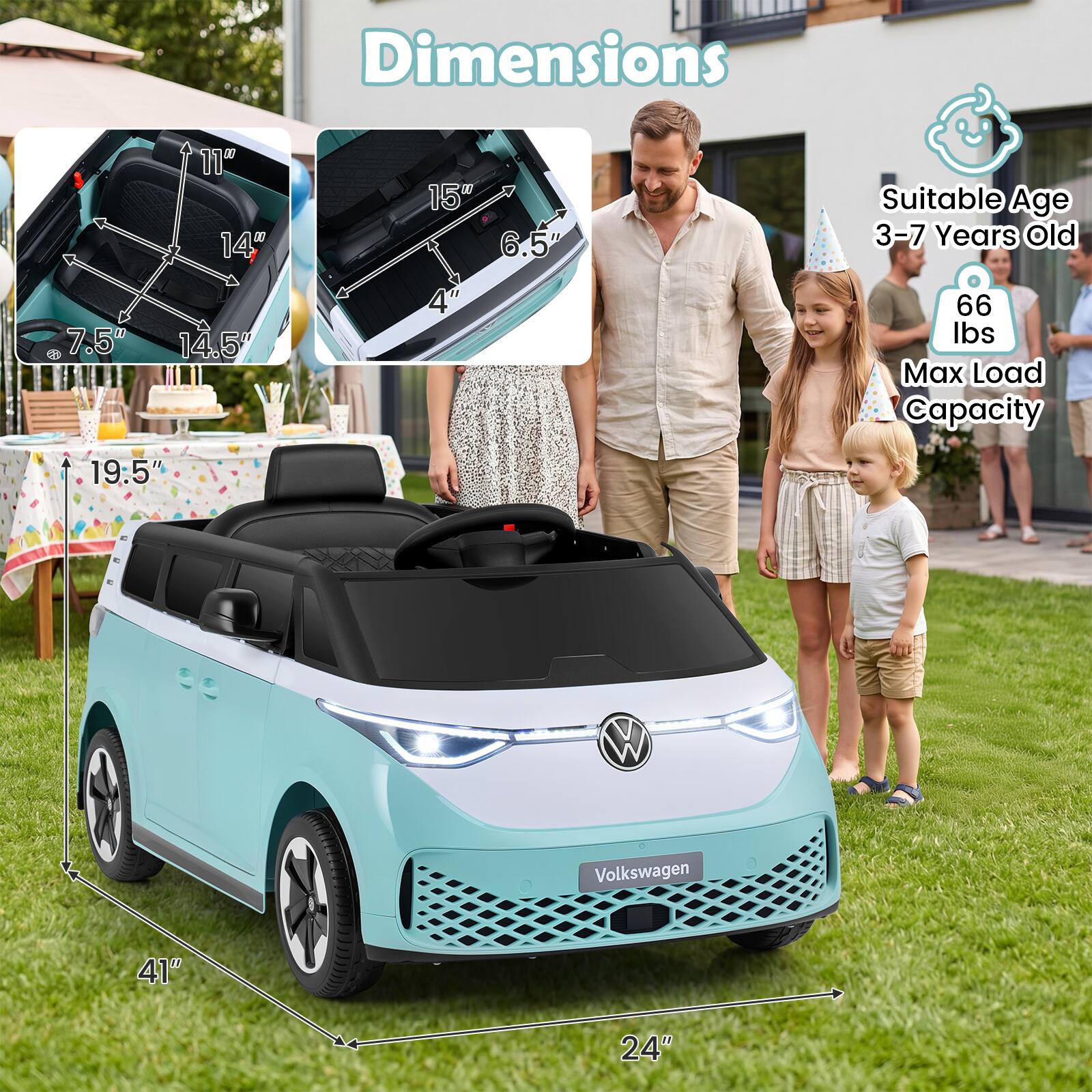 Dimensions: 11" x 14" x 15" x 6.5" x 7.5" x 14.5" x 19.5" x 41" x 24"  
Suitable Age: 3-7 Years Old  
Max Load Capacity: 66 lbs
