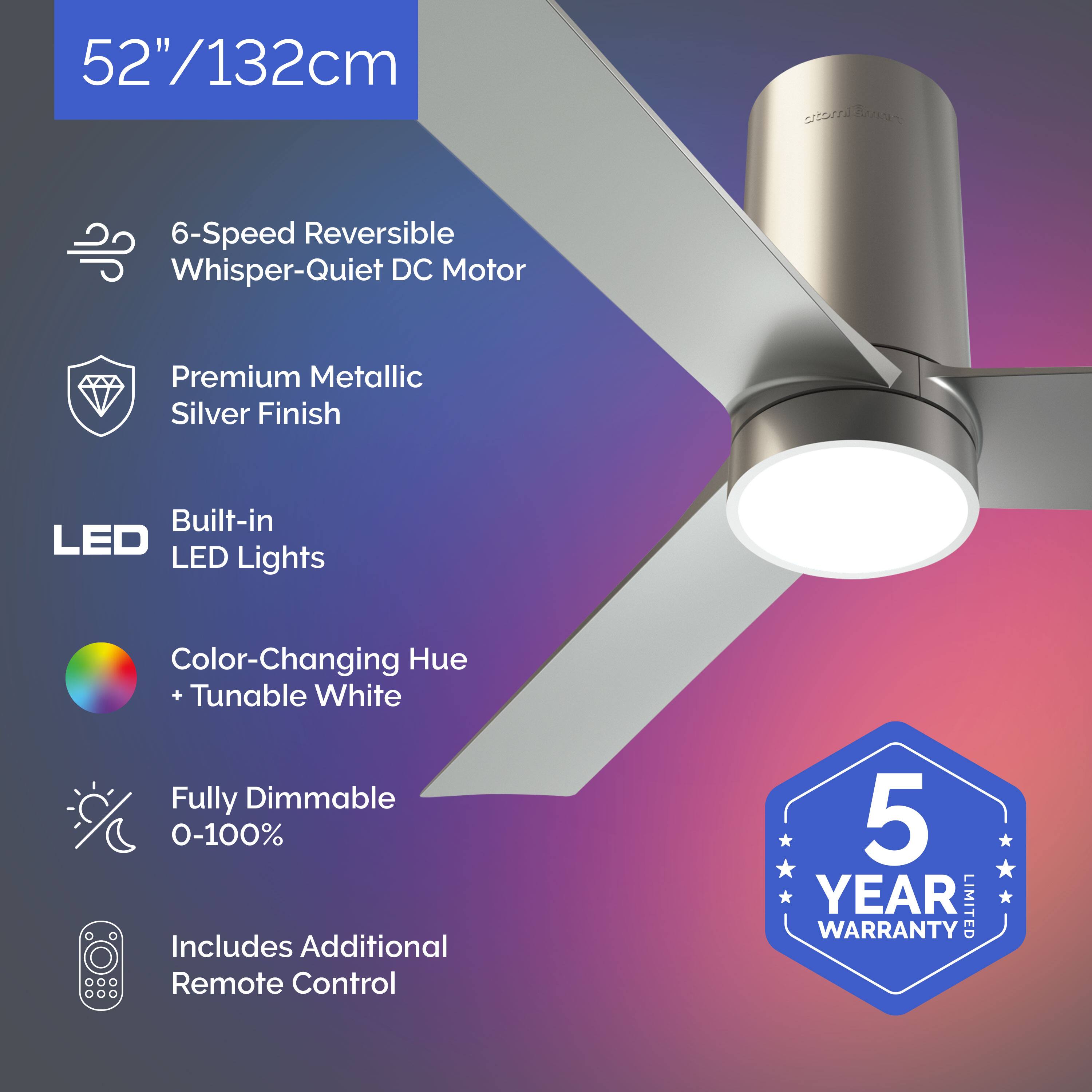 52"/132cm, 6-Speed Reversible Whisper-Quiet DC Motor, Premium Metallic Silver Finish, Built-in LED Lights, Color-Changing Hue + Tunable White, Fully Dimmable 0-100%, Includes Additional Remote Control, 5 YEAR LIMITED WARRANTY