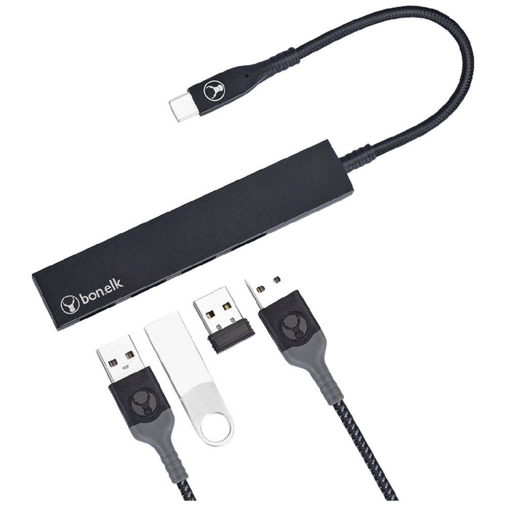 Back. Bonelk - BonElk Long-Life USB-C to 4-Port USB 3.0 Slim Hub - Black - Black.