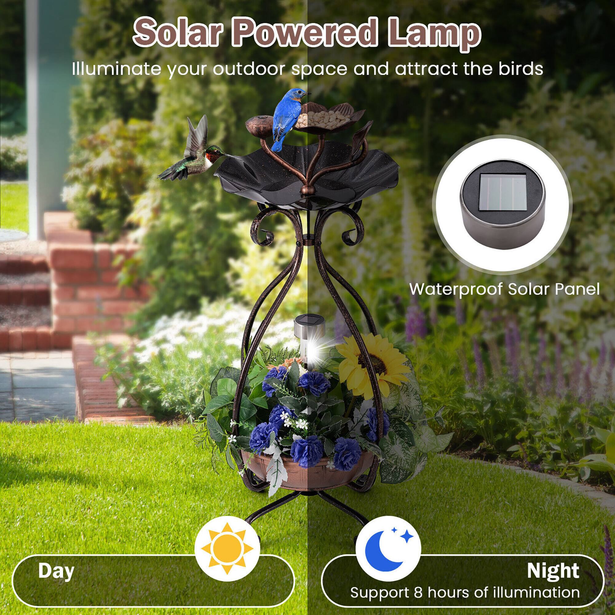 Solar Powered Lamp  
Illuminate your outdoor space and attract the birds  

Waterproof Solar Panel  
Day Night  
Support 8 hours of illumination