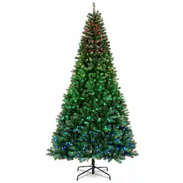RYHNUYNE - 9FT Pre-Lit Artificial Christmas Tree With RGB Dynamic LED Lights and Remote, Built-In Timer and Hinged Branches - Green