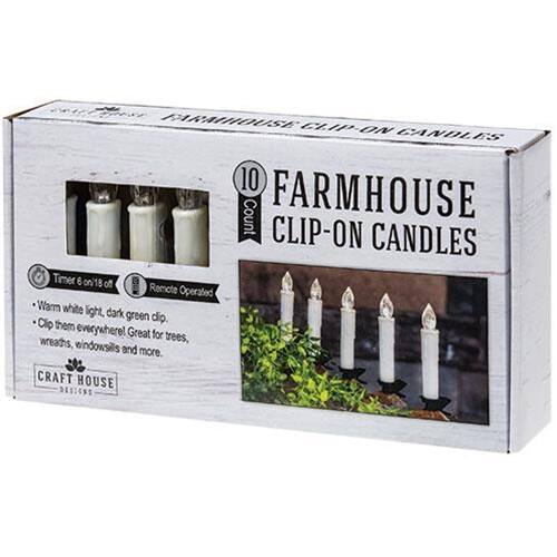 FARMHOUSE CLIP-ON CANDLES  
10 Count  

Timer on/off 6 on/18 off  
Remote Operated  
Warm white light, dark green dip  
Clip them everywhere! Great for trees, wreaths, windowsills and more.  

CRAFT HOUSE DESIGNS