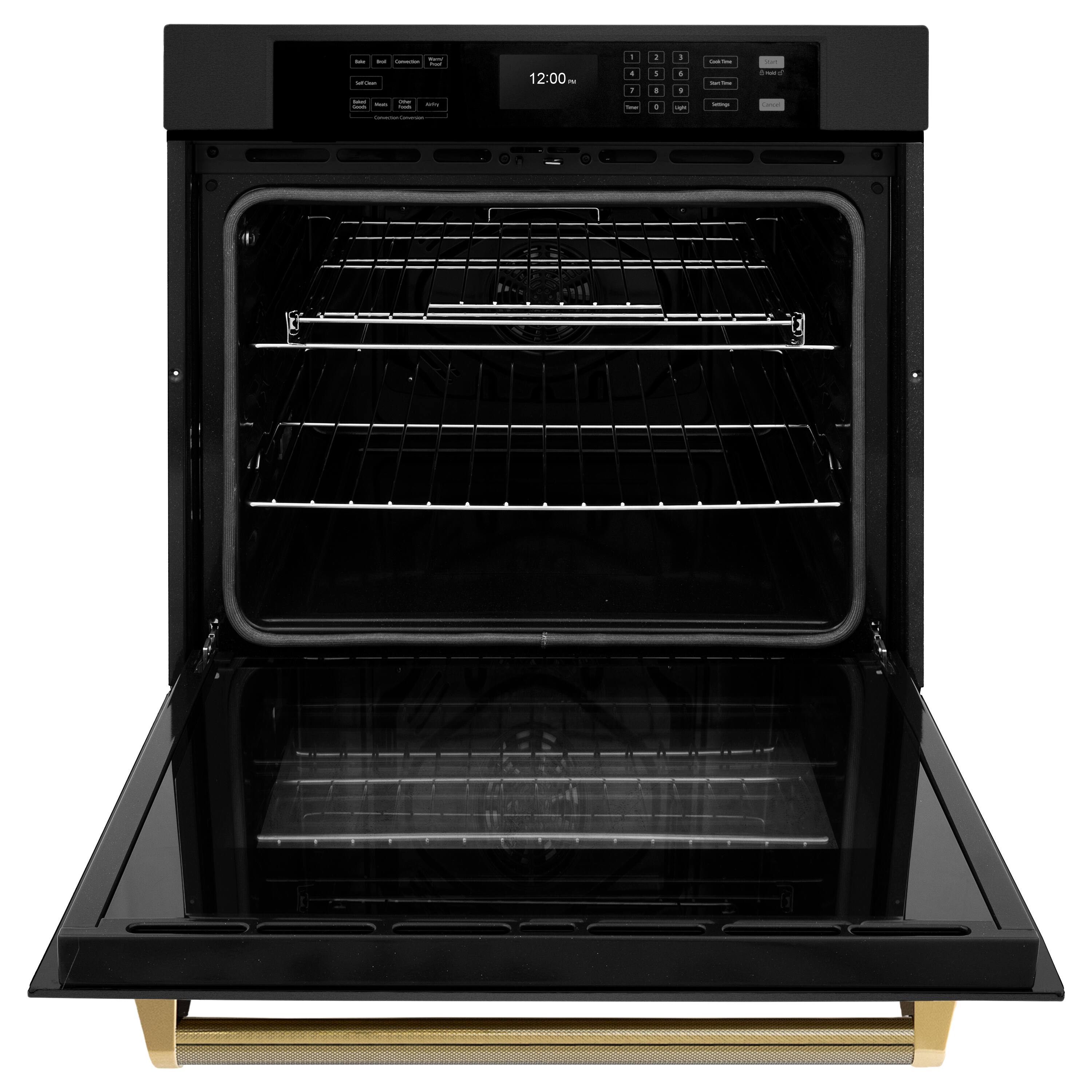 Angle. ZLINE - ZLINE Autograph 30 in. True Convection Single Wall Oven in Black Steel with Gold Helix Handle (WASBZ-30-KG) - Black Stainless Steel.
