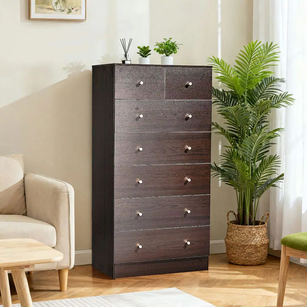 Back. Kadyn - 7-Drawer Tall Cabinet, 5+2 Storage Dresser with Matte Gold Handles - Brown - Brown.