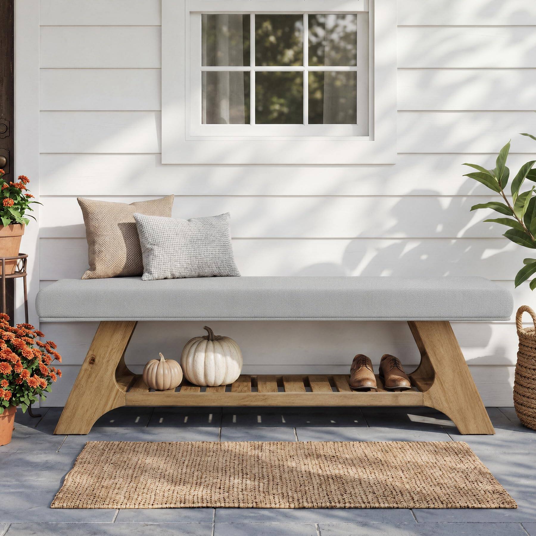 Alt View 1. Tribesigns - 55" Solid Wood Bench with Cushion, Upholstered Entryway Bench - Wood and Gray.