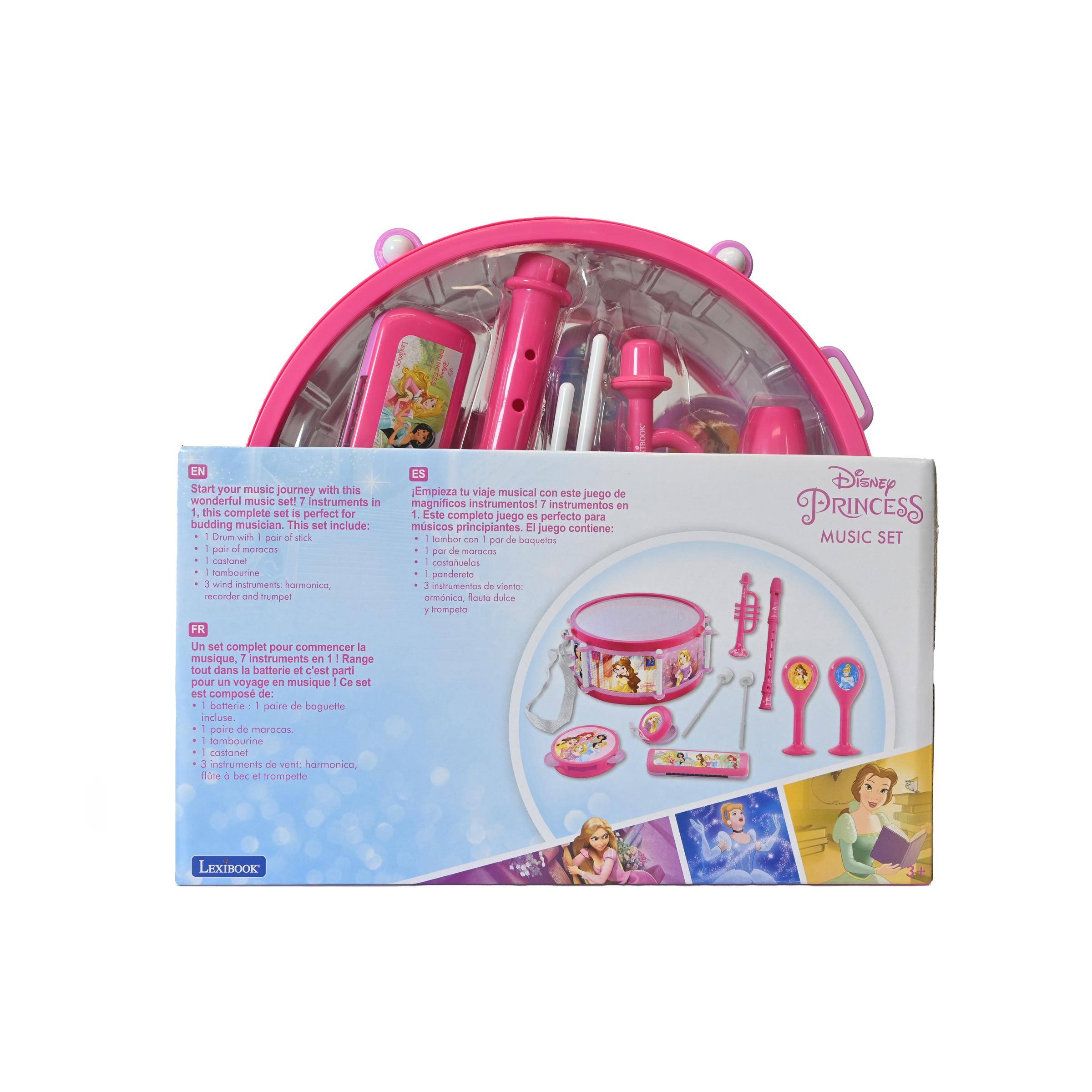 EN Start music journey with this wonderful music set! 7 instruments in 1, this complete set is perfect for budding musicians. This set includes:  
- Drum with pair of sticks  
- Pair of maracas  
- Tambourine  
- Castanets  
- 3 wind instruments: harmonica, recorder, and trumpet  

ES Empieza tu viaje musical con este juego de magníficos instrumentos! 1 instrumentos en 1. Este completo juego es perfecto para músicos principiantes. El juego contiene:  
- Tambor con par de baquetas  
- Par de maracas  
- Pandereta  
- Castañuelas  
- 3 instrumentos de viento: armónica, flauta dulce y trompeta  

FR Un set complet pour commencer la musique, instruments en 1. Range tout dans la batterie et c'est parti pour un voyage en musique! Ce set est composé de:  
- Batterie : 1 paire de baguettes incluse  
- Paire de maracas  
- Tambourine  
- Costanets  
- 3 instruments de vent : harmonica, flûte à bec et trompette  

Disney PRIN