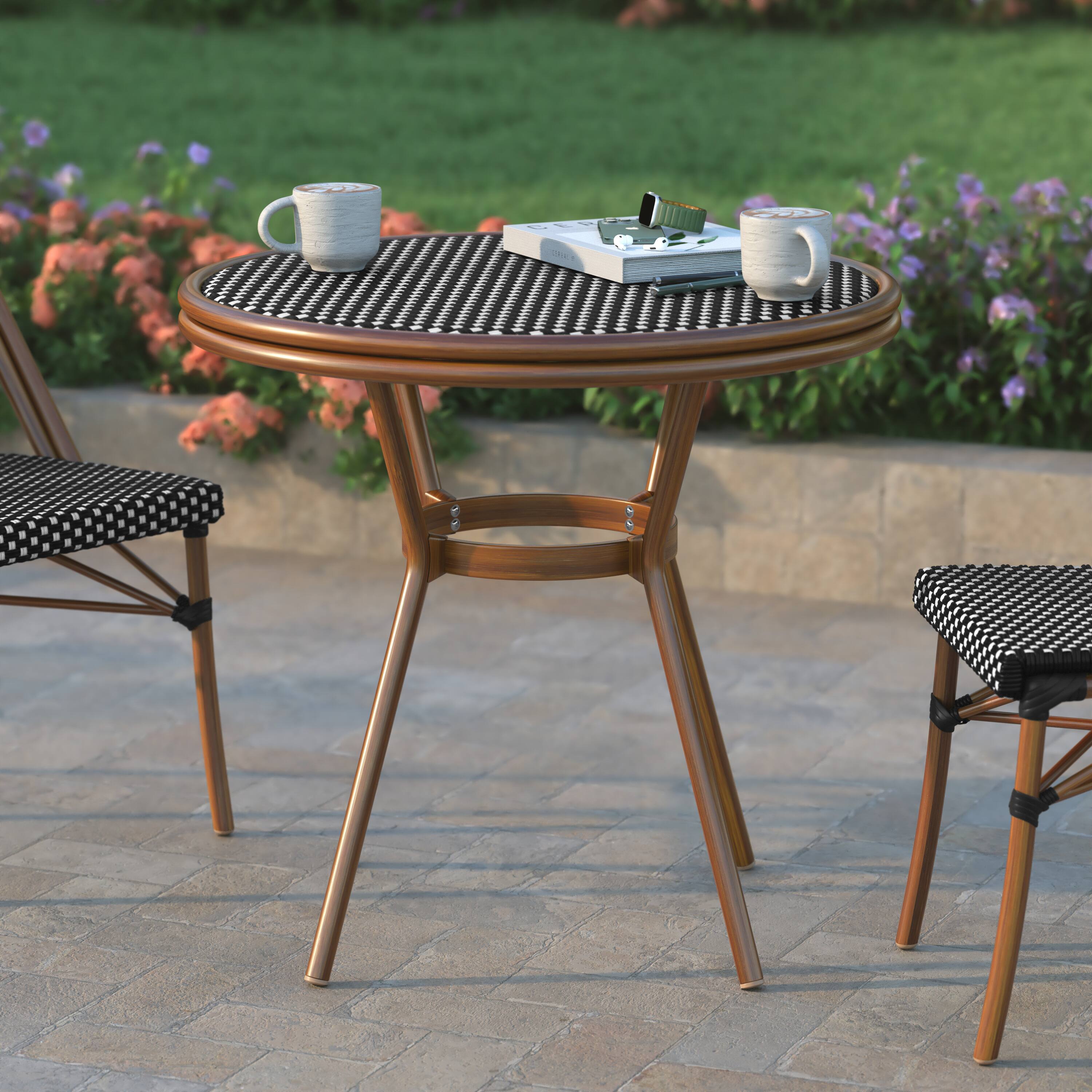 Alt View 1. Emma + Oliver - Colmar Indoor/Outdoor Bistro Style 31.5 in. Table with PE Rattan, Glass Top, and Bamboo Finished Metal Frame - Black & White Rattan/Natural Frame.