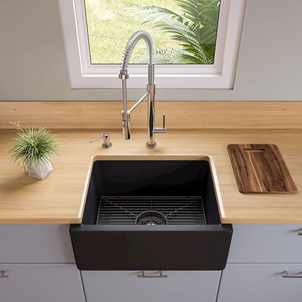 Back. Alfi - 24" Black Matte Reversible Smooth / Fluted Single Bowl Fireclay Farm Sink - Black.