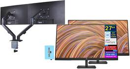 HP - V27i G5 27'' FHD IPS Monitor, Anti Glare, Tilt, HDMI, (65P64AA#ABA) 2 Pack w/DKZ Hub & Ergoflexy Dual Mount Arm - Black