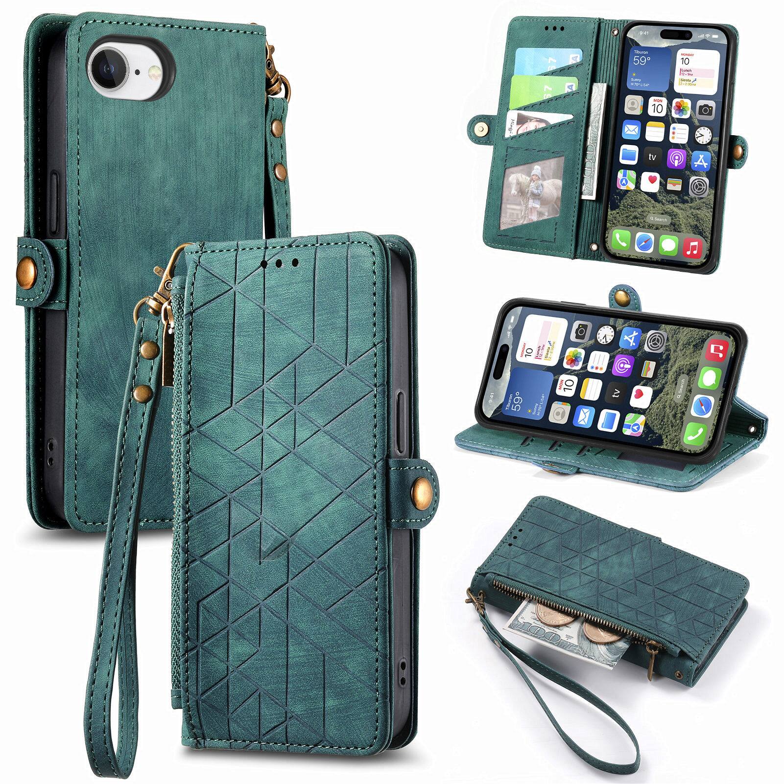 Dteck - Zipper Wallet Pocket Case for iPhone 17E/16E, Shockproof with Card Holders PU Leather Embossed Stand Wristlet - Green price history on PriceWatchPro